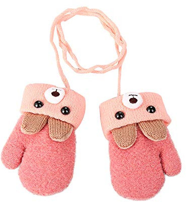 RUIXIA Kids Winter Knitted Gloves Cute Cartoon Bear Hang Neck Mittens Newborn Baby Warm Mitten Thicken Cashmere with Rope Mitten Thermal Full Finger Wrist Glove Boy Girl 0-3Y Gift