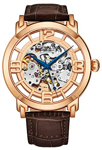 Stuhrling Original Skelett herrklocka - Winchester mekanisk automatisk klocka självuppdragande herrklocka - med premium läderband, Roséguld a, Mekanisk, automatisk klocka