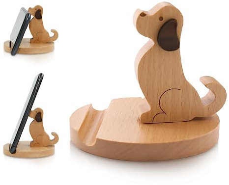 Wooden Cell Phone Stand Dog Phone Holder Animal Phone Stand, Novelty Desk Smartphone Stand, Mobilephone Holder Desk Decoration for Universal Cell Phone Compatible with Mini Pad Smartphone X XS XR 11