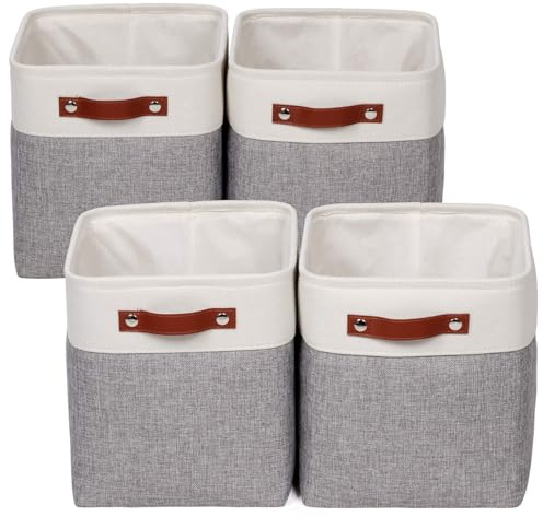 Univivi 10.5 Inch Fabric Cube Bins with Hard Bottom, 4 Pack Storage Baskets with PU Handles for Shelves Closet Foldable Storage Bins for Organizing (Gray,10.5 x 10.5 x 11)