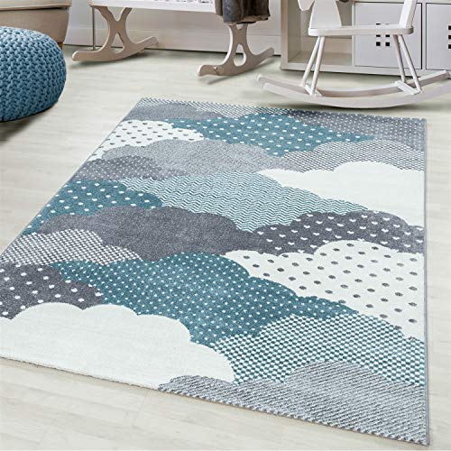 Bravich Blue Clouds Kids Rug, 120 x 170 cm (4ft x 5ft6) - Soft Anti-Allergic Childrens Rug for Bedroom, Playroom & Nursery, OEKO-TEX Tested, Non Shed Play Mat Rug