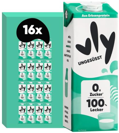 vly UNGESÜSST - 0g Zucker | Die vegane Milchalternative aus Erbsenprotein | Reich an Ballaststoffen, Calcium, Vitaminen & Protein | Laktosefrei, Glutenfrei, Sojafrei, Nussfrei, Pflanzlich - 16x1L