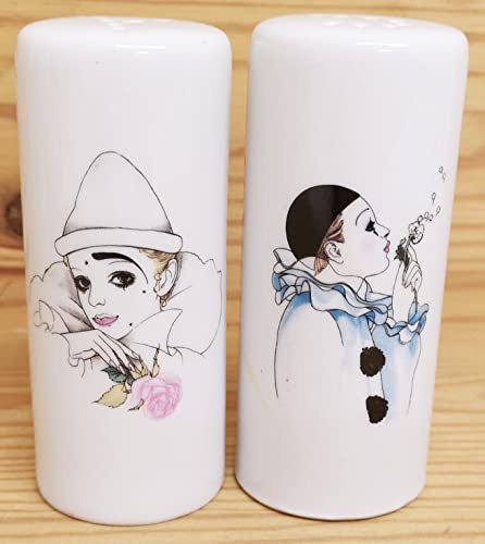 Pierrot & Harlequin Salt & Pepper Pots Ceramic Clowns Round Salt & Pepper Cruet Set Hand Decorated UK