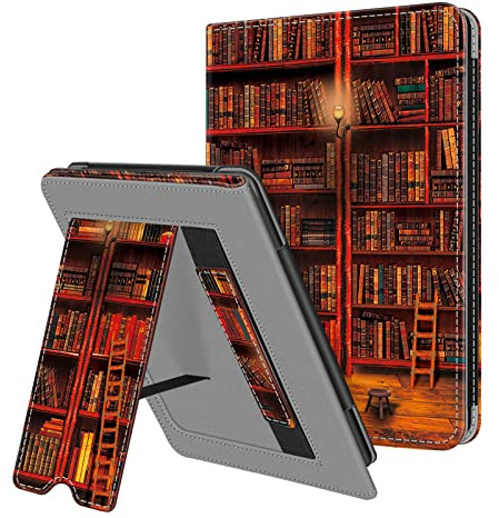 FINTIE Stående fodral för 6,8 tum Kindle Paperwhite (11:e generationen-2021) och Kindle Paperwhite Signature Edition premium PU-läderfodral med kortplats och handrem, Biblioteket
