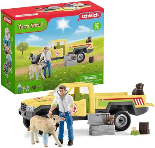 SCHLEICH Farm World 42503 Tierarztbesuch 12-Teiliges Bauernhof Spielset mit Tieren, Fahrzeug und Tierarzt - Detailgetreues, Robustes Bauernhof Spielzeug, Pädagogisches Tiere Set ab 3