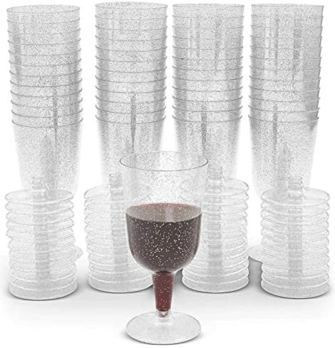 LATERN 50 Piezas Brillo Plateado Copas de Vino, 170ml Copas de Cata de Vino de Plástico Copas de Vino de Fiesta con Tallo Reutilizables Tazas de Postre para Whisky, Champán, Cerveza, Pudín, Mousse