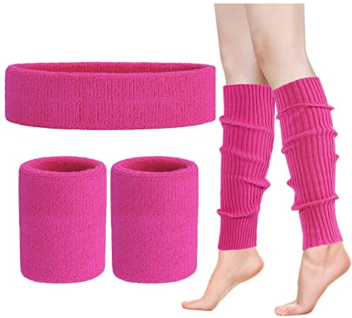 ONUPGO Set di scaldamuscoli da donna anni '80 in maglia al neon scaldamuscoli fascia braccialetti anni '80 costumi da allenamento accessori per le donne, Rosso rosato, 20 cm