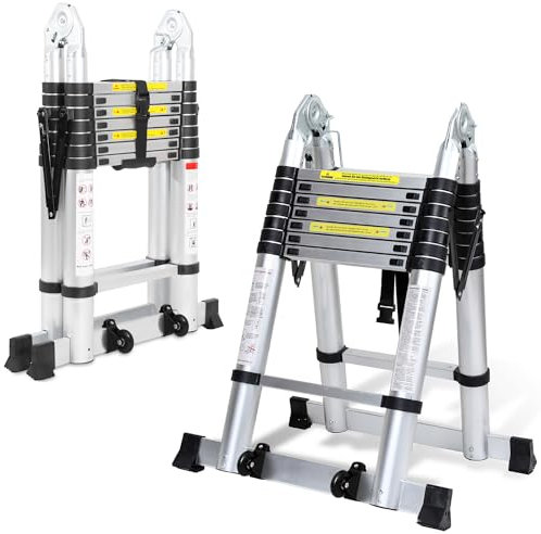 Tubiaz Scala Telescopica Pieghevole in Alluminio, 5 m (2,5 + 2,5 m) Scala Multiuso Con 2 Ruote, Grande Applicabilità, Pieghevole, Portatile, portata fino a 150 kg, Argento