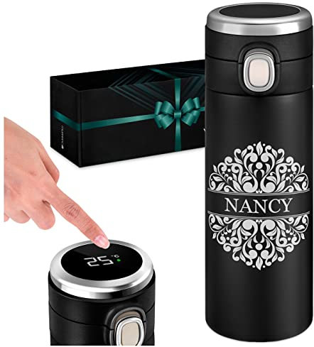 Maverton Thermobecher Kaffeebecher mit Gravur 400 ml - Trinkflasche Auslaufsicher 100% dicht - Thermo Trinkflasche mit LED-Temperaturanzeige - Travel Mug Geschenk für Frauen - schwarz - Verzierung