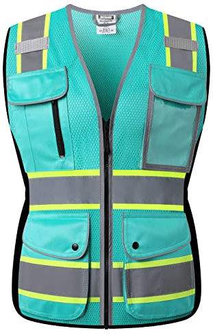 HATAUNKI High Visibility Reflection Peacock Mesh Safety Vests with 9 Pockets and Front Zipper, hi vis safety vest for Women, Meets ANSI/ISEA Standards(Peacock-16,M)