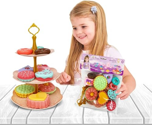 COO11 3-Tier Dessert Stand and Cakes Toy Set, 17pcs Pretend Play Pastry Set with Donuts, Cakes and Tarts for Kids, Tea Party Food Toys for Girls and Boys Ages 3+ Years
