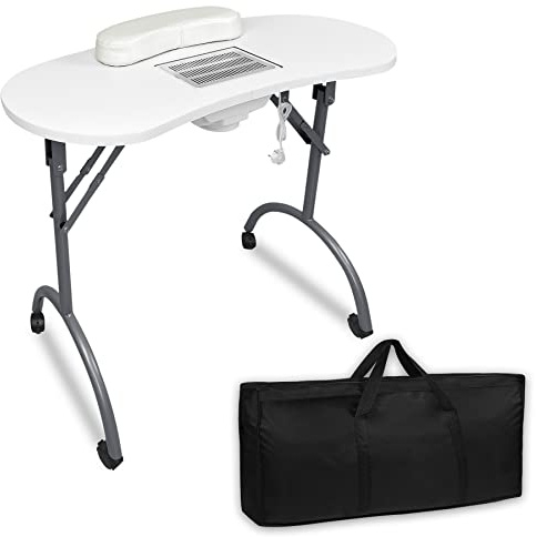 Froadp Table de Manucure Pliante 90x33x77cm Bureau Manucure avec PU Coussin pour les Mains, Aspirateur à Ongles, Sac à Poussière, Roulettes & Sac de Rangement Tables pour Manucure et Pedicure (Blanc)