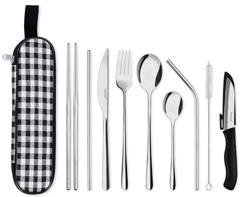 hecef Campingbesteck Set, 10 tlg Reisebesteck mit Etui, Wiederverwendbares 18/0 Edelstahl Besteck Set mit Klein Messer, Löffel, Gabel, Essstäbchen, Strohhalme, Reinigungsbürste& Bestecktasche, Silber