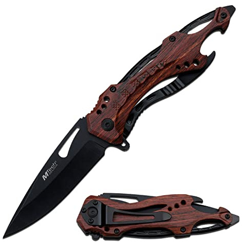 MTECH USA Folding Knife, 3.75-Inch Half-Serrated Blade, Titanium Coating, Glass Breaker, Pocket Clip (Wood)