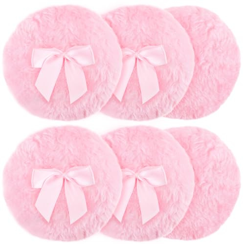 BOSMIOW 6Pcs Pink Round Bow Makeup Powder Puff,Washable Powder Applicator,Fluffy Facial Foundation Sponges,Soft Plush Cosmetic Powder Puff with Ribbon Bow Handle,Wet Dry Makeup Tool
