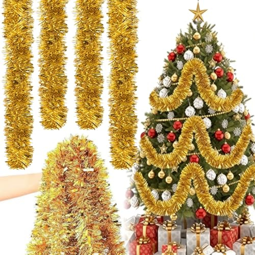 4er Set Lametta Girlande(Gesamt 8m) Extra Breite & Flauschige Weihnachtsbaum Girlan-de(9cm)-Glänzende Christbaum Girlan-de mit Frostspitzen-Optik-Robuste & Wiederverwendbare Deko für Weihnachten(Rot)