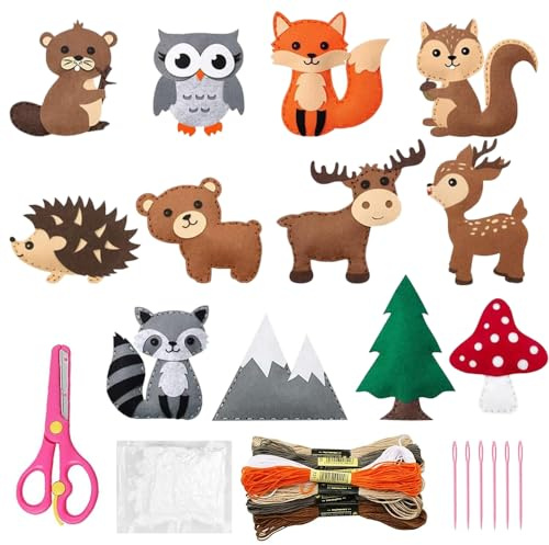 Abiemuce Nähset Für Kinder, Filztiere Nähen-Set, DIY Nähsets Kinder Tierformen, Nähen-Kinders Filzset, Pädagogisches Nähset-für-Anfänger Kinders, Animals Sewing Kit (Wald Tier)