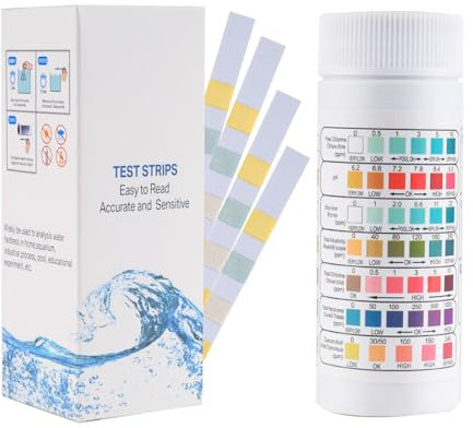 Pool Teststreifen 100 Stück, 7 in 1 Poolwasser Teststreifen Spa Whirlpool Teststreifen für PH, Freies Chlor, Bromine, Gesamtalkalität, Gesamtchlor, Gesamthärte, Cyanursäure