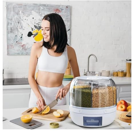 HAZARA Distributeur Alimentaire Cuisine Avec 6 Divisions, Rotation à 360° ， Rangement Cereales Obtenez Des CéRéAles En Un Clic ， Food Dispenser Convient Pour DéBarras (Capacité 10kg)