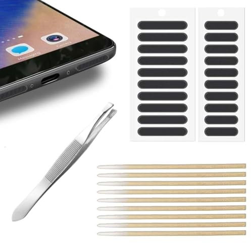 QEQSHQO 30 STÜCKE Telefonlautsprecher Staubdichte Mesh Lautsprecher Aufkleber Anti Staub Klebeaufkleber Staubdichtes Cover Kit mit Reinigungsstäbchen und Pinzette (Schwarz)