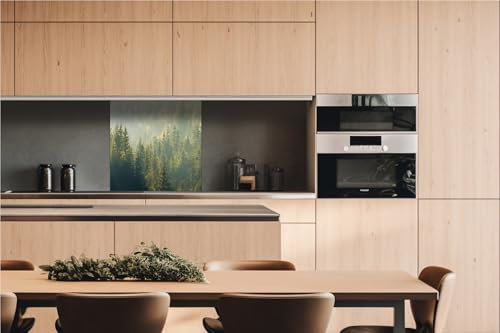 Küchenrückwand Verbundplatte Nebel ÜBER DEM Wald 60 x 60 cm | Spritzschutz Küche für Herd Spüle | Premium Qualität, Alu Dibond, Stärke 3 mm - Made in EU | Inklusive Kleber