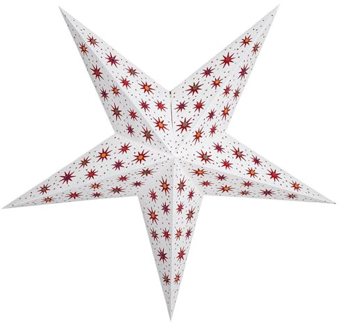 GalaxyArts 24 Inch White Paper Star Lantern - 3D Hanging Decoration Lamp with Red Star Pattern, Handcrafted for Christmas, Parties, Weddings, Indoor/Outdoor Décor