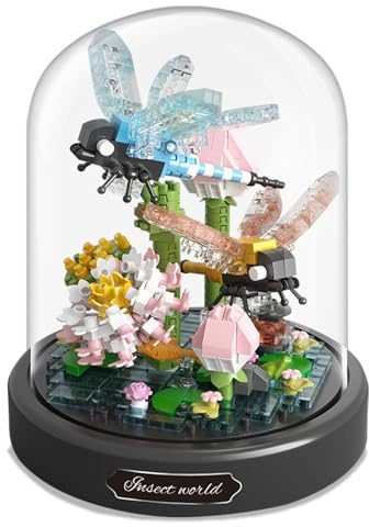 Mini Animals Flower Building Set - 500 Pcs Flowers Animals Building Blocks with Transparent Cover, Flower Bouquet Building Kit, Garden Den Block Kit for Christmas Home Decoration(Dragonfly)