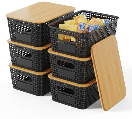 Shrivee 6er-Set Aufbewahrungsbox mit Bambus Deckel, 5L Aufbewahrungskorb, Kunststoff Korb Aufbewahrung, Küchen Aufbewahrungsboxen für Regale, Schränke, Schränke und Zuhause (Schwarz)