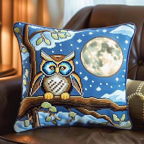 WallustrioaW Eule und Mond Kreuzstich Kissen,11CT Sticken Set,Cartoon-Nachtszene,Sticksets Für Erwachsene,Anfänger,Kreuzstichkissen/Stickkissen-Set,45x45cm