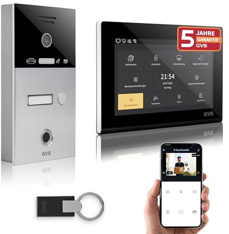 GVS Video Türsprechanlage mit Türöffner, Fingerprint, RFID, 1x 7 Monitor | Smarte Video Türklingel mit Kamera und Monitor & App - Gegensprechanlage für 1 Familienhaus (AVS5084A)