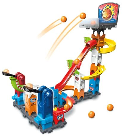 VTech - Marble Rush, Kugelbahn Basketball Set S500, BAU- und Katapultspiel mit Basketballkorb, 41-teilig, 6 Kugeln, Geschenk für Kinder ab 4 Jahren – Inhalt auf Französisch