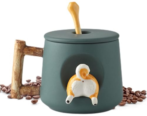 Genérico Linda taza para perro con tapa - Taza de café de cerámica Shiba con diseño de dibujos animados | Taza de cerámica de 420 ml con cuchara para parejas, idea de, elegante taza de