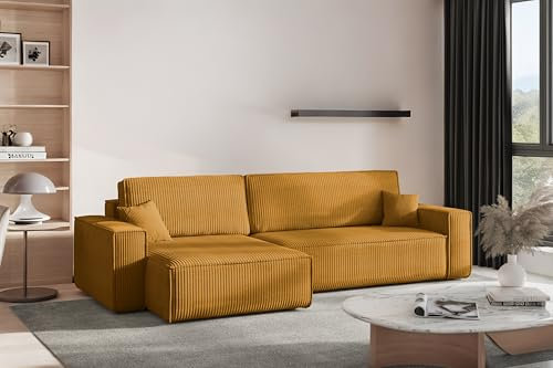 Kaiser Möbel - Ecksofa mit Schlaffunktion und Bettkasten, Schlafsofa mit Bettzeugbehälter, Wohnlandschaft L-Form, Klappsofa, Cord Stoff, Bequemes Couch für Wohnzimmer, Best XL, Senffarbe, Links