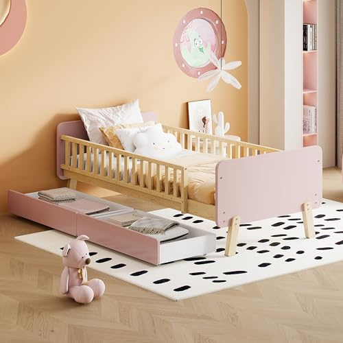 Kebnor Kinderbett 90x190 mit 2 Schubladen, Einzelbett aus Massivholz mit Lattenrost (Rosa)