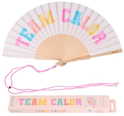 Fisura – Abanico original con mensaje “team calor”. Colgador incluido. | Abanico de madera moderno y colorido. Ventilador de mano beige. Medidas: 42,5 x 23 cm