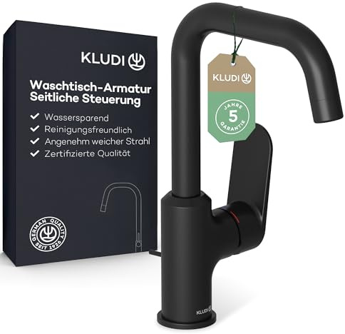 KLUDI-X1 Wasserhahn Bad mit Zugstangen-Ablauf, 360° schwenkbar, Auslaufhöhe 205 mm, wassersparende Waschtischarmatur Schwarz Matt Größe L, Mischbatterie Waschbecken inkl. Anschlussschläuche