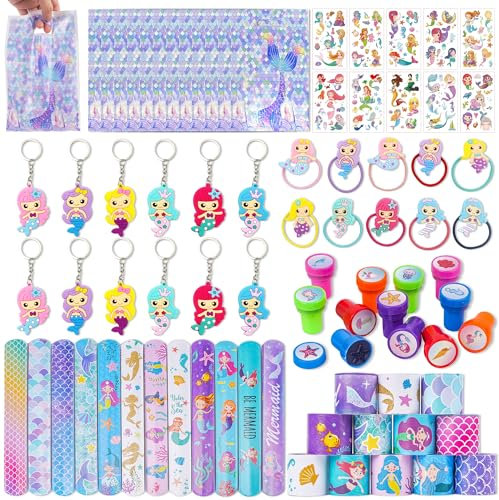 Runyuzi Meerjungfrau Party Mitgebsel Kindergeburtstag - Meerjungfrau Schnapparmband Temporäre Tattoos Hair Ties, Mermaid Stempel Schlüsselanhänger und Geschenktaschen für Give Aways Kinder Mädchen