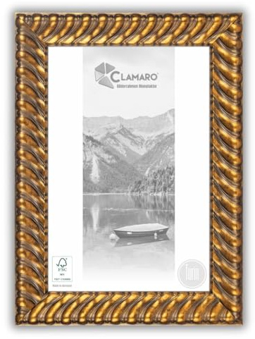 CLAMARO 'TURIN' Bilderrahmen Antik 50x70 Massivholz | Gold | 78 mm breite Shabby Chic Vintage Barock Leiste | Holzrahmen inkl. Acrylglas, Rückwand, Metall Aufhänger
