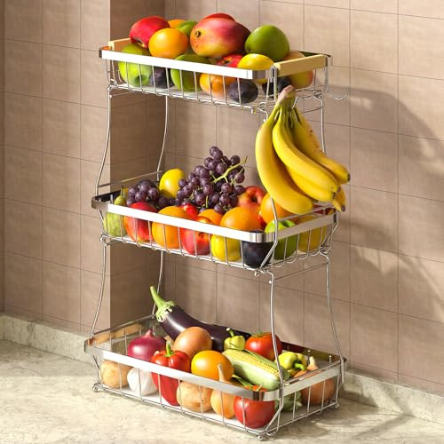 Sevenblue 2 Tier Large Fruit Basket for Kitchen Counter with 2 Mobile Banana Hangers, 2026 Pro Detachable Metal Fruit Bowl with Wooden Handle (Silver, 3 Tier)