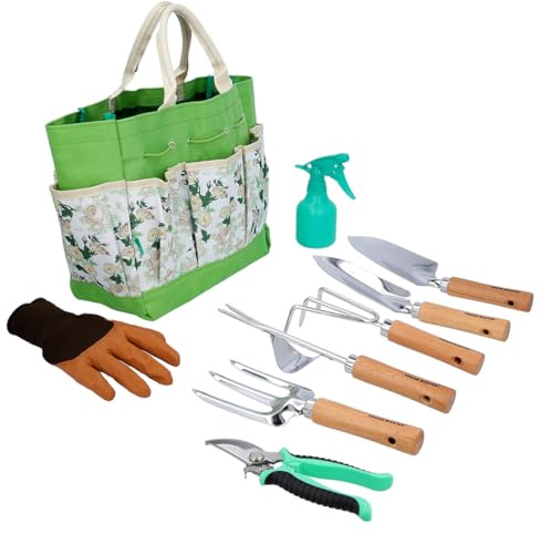 TOUGH MASTER Garden Tool Set 9 Pieces Stainless Steel Gardening Tools with Durable Storage Tote Bag & Gardening Gloves, for Women & Men