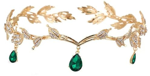 Qaestuan Forêt Elfe Couronne, Mode Vert Cristal Couronne, Bijoux de Tete Rétro Princesse Elfe, Accessoires Medieval Femme Réglable, pour Cosplay, Mariage, Fête, Festival de la Renaissance, Noël