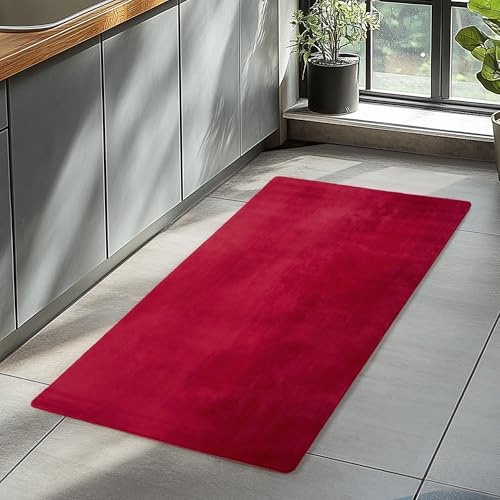 HomebyHome Läufer Teppich Rot 80x150 cm Waschbarer Kurzflor Teppich, rutschfest & weich, modernes einfarbiges Design für Schlafzimmer, Küche & Flur