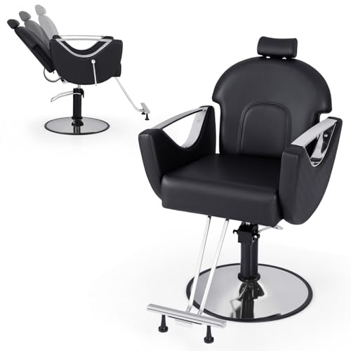 COSTWAY Silla de Peluquería Reclinable, Silla de Barbero Ajustable en Altura y 360°Giro, con Bomba Hidráulica, Esponja Densa y Base Metálica Estable, Ideal para Peluquería, Tatuajes y SPA (Negro)