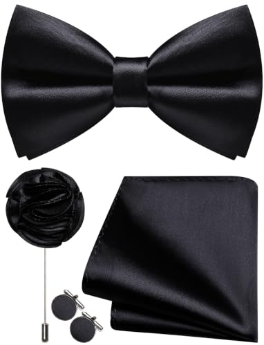 Ailisus Schwarze Fliege Herren Vorgebunden Satin Fliege und Einstecktuch mit Ansteckblume Manschettenknöpfe Set für Hochzeit