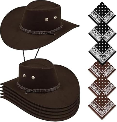 Xaztr 6er Set Western Cowboyhüte mit 6 Bandanas, Braune Cowboyhüte mit Breiter Krempe aus Wildlederimitat, mit Verstellbarem Kordelzug für Damen und Herren, Kostümpartys
