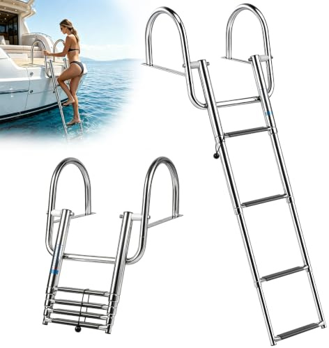 Scaletta per Piscina con 4 Gradini in Acciaio Inox, Scaletta da Barca Pieghevole e Telescopica con Corrimano e Gradini Antiscivolo, per Yacht, Pontone, Molo e Dock, Portata fino a 227kg（S）