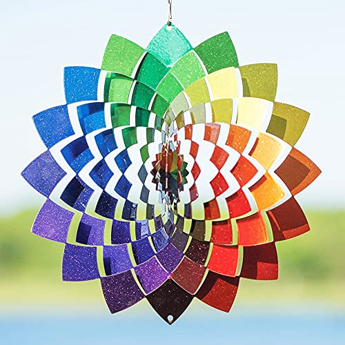 VP Home Kinetisches Windspiel, großes hängendes Deko-Windspiel aus Metall, 3D-Gartenkunst, Windskulptur, kinetische Skulptur, Mandala-Kunst, Regenbogenblume