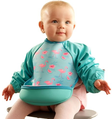 Bibetta Ultrabib - Weaning bib with sleeves - Premium Neoprene for Comfort - Waterproof Baby bibs with Crumb Catcher Pocket for Feeding Toddler & Babies - Roll Up and Machine Washable (Flamingos)