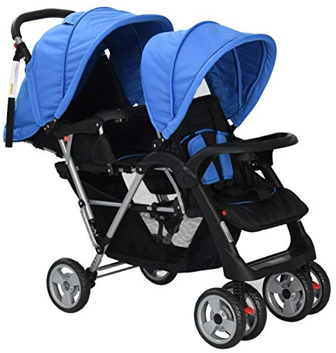Tidyard Passeggino Gemellare a Tandem Pieghevole Rosso/Blu/Grigio e Nero in Acciaio Carico Massomo 2x15 kg,Carrozzina Doppio,Passeggino Doppio,Carrozzina Gemellare,Passeggino Carrozzina Pieghevole