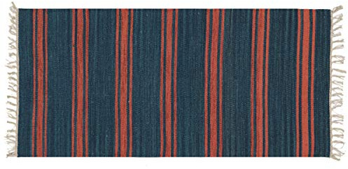 Kelim 140x70 Handgewebt Teppich 70x140 Blau Streifen Linien Handarbeit d